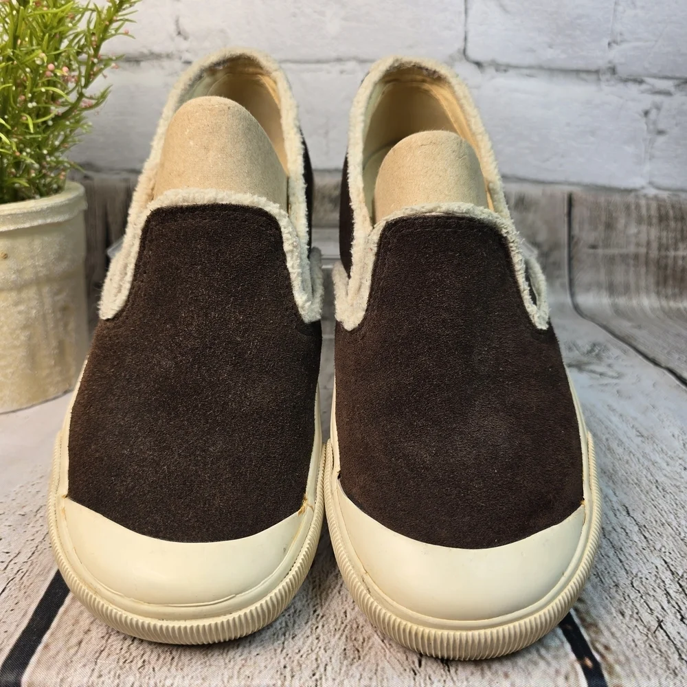 ALDO BROWN SUEDE SLIP ON SNEAKER LOAFER CREAM TRIM WOMENS SIZE 39 EURO